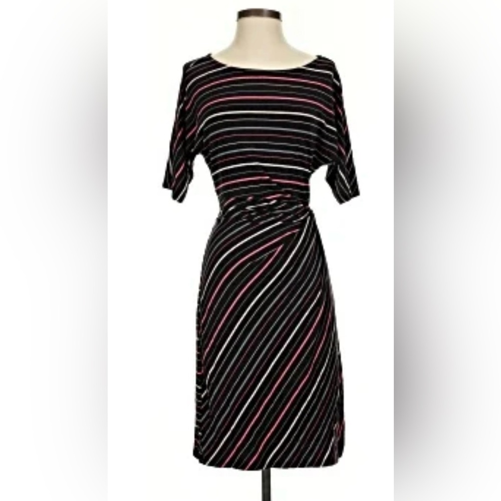 Ann Taylor BLACK Stripe Tie Ruching Knit Dress Batwing Sleeve Boat Neck Medium
